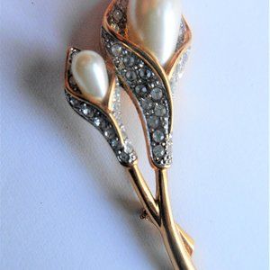 Vintage Calla Lily Large Brooch Pin Gold Tone Faux Pearls Rhinestones Flowers